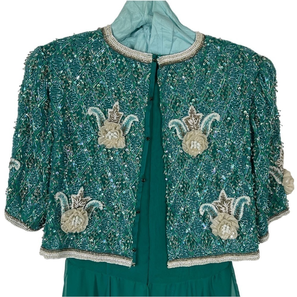 VINTAGE RICHILENE 70S SILK CHIFFON BEAD EMBELLISHED AQUA FORMAL EVENING GOWN - Picture 7 of 16